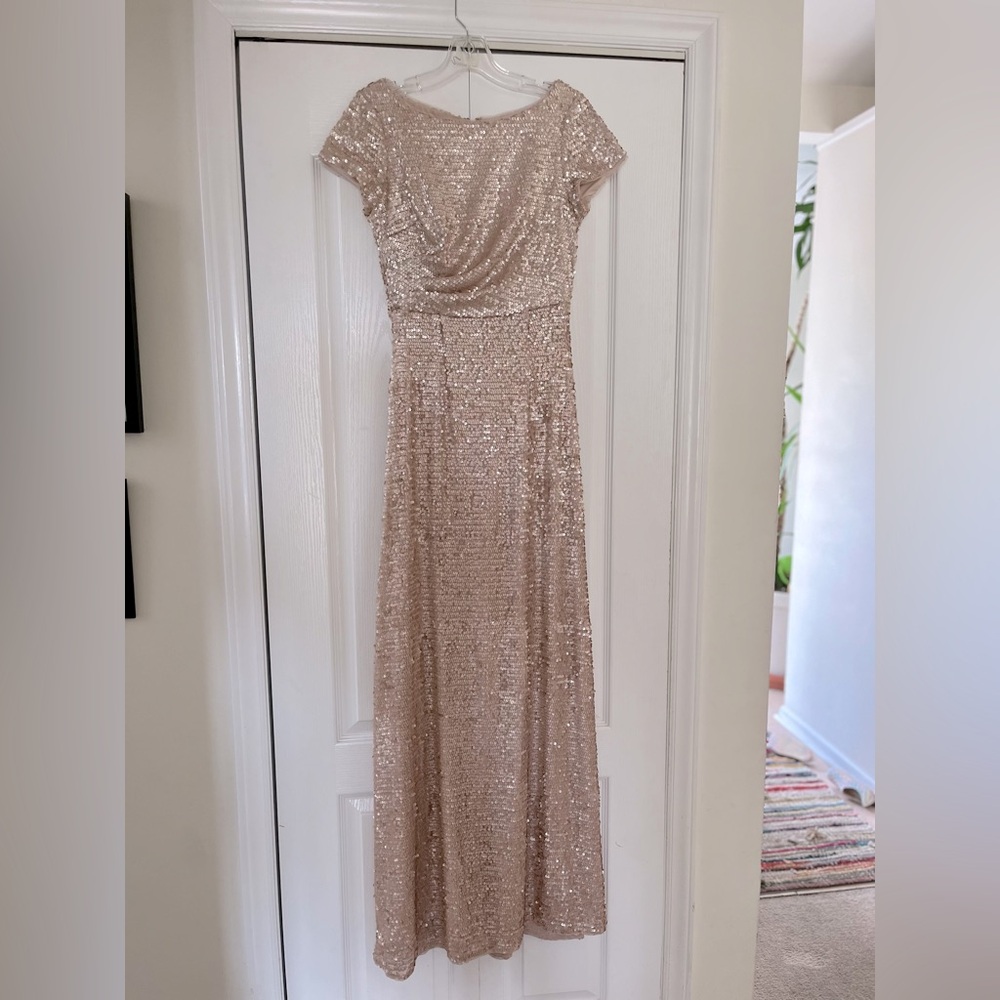 Adrianna Papell Maxi Long Sequin Gown Formal Cap Sleeves Rose Blush Champagne 4 - Picture 2 of 12